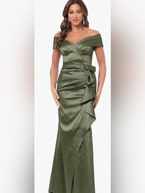 Escape Olive Green Satin Ruffled Sheath Dress